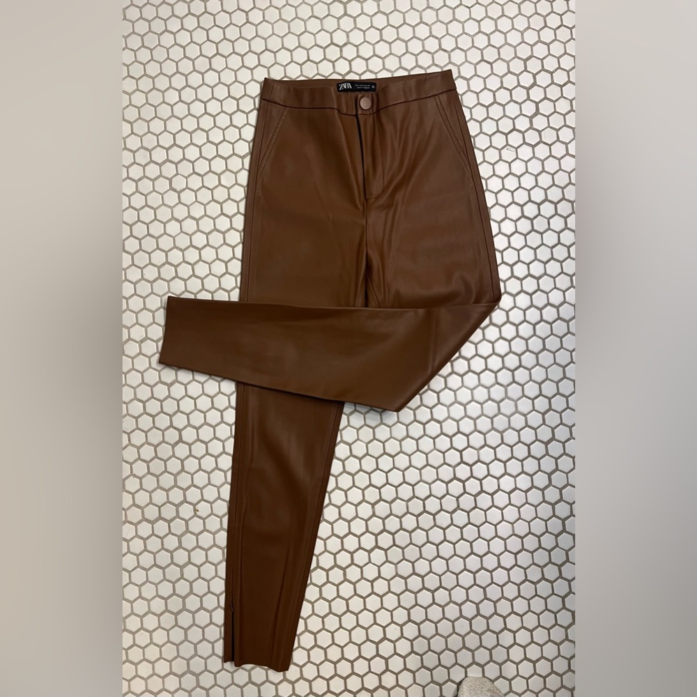 (Sold) Zara brown faux leather skinny pants.